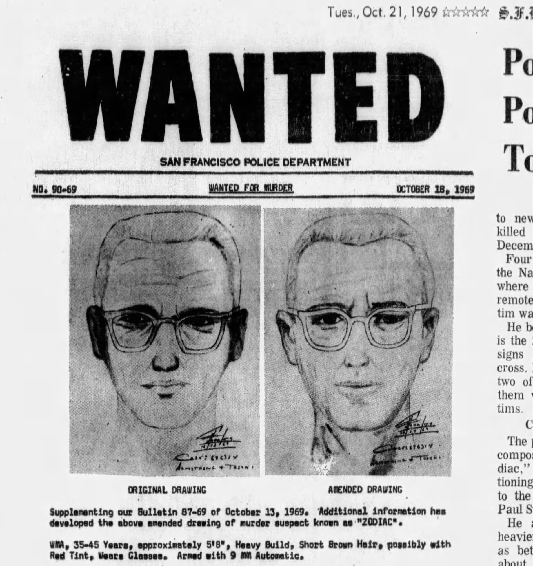 Wanted poster and suspect sketch connected to the Zodiac case
